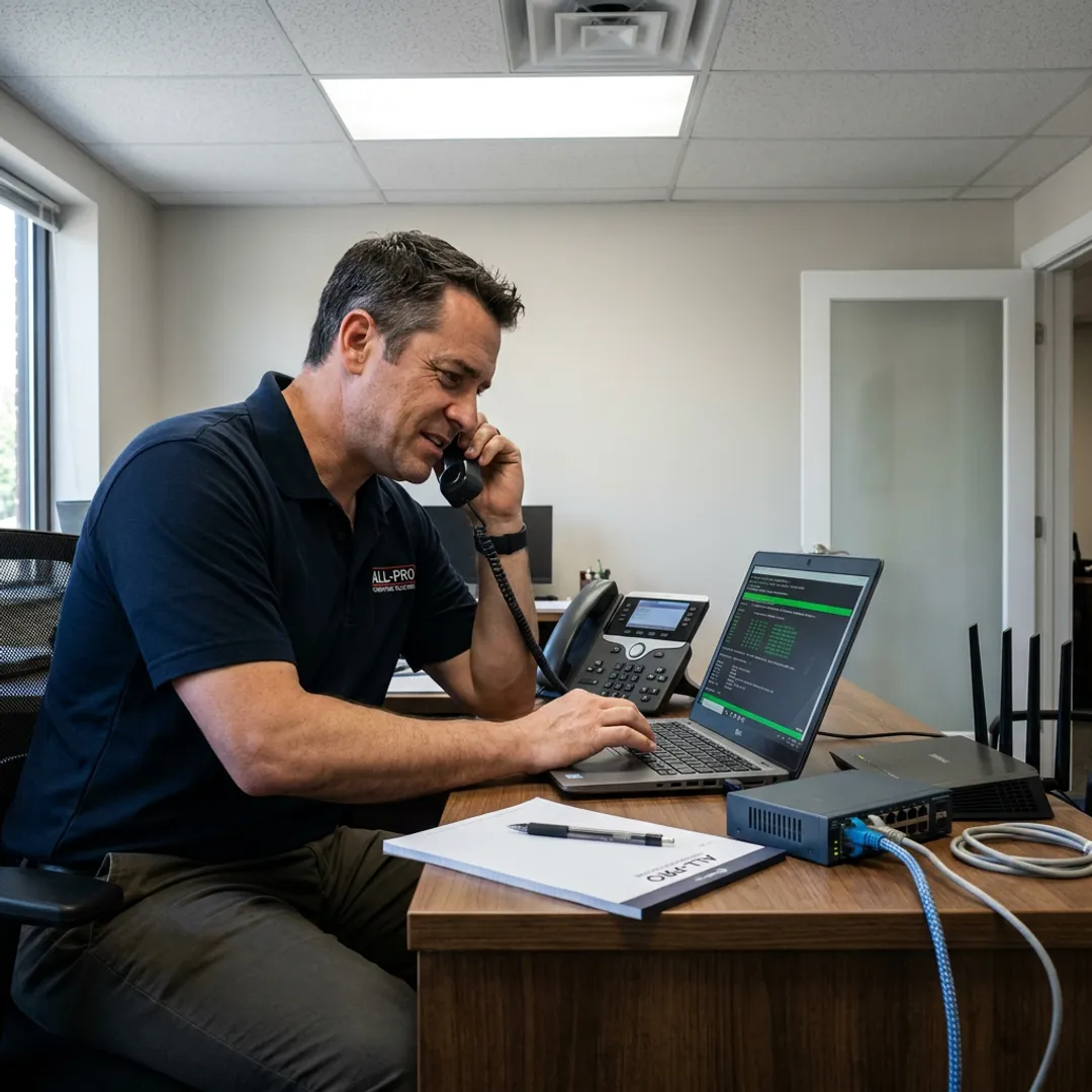 Technician testing VoIP phone connections