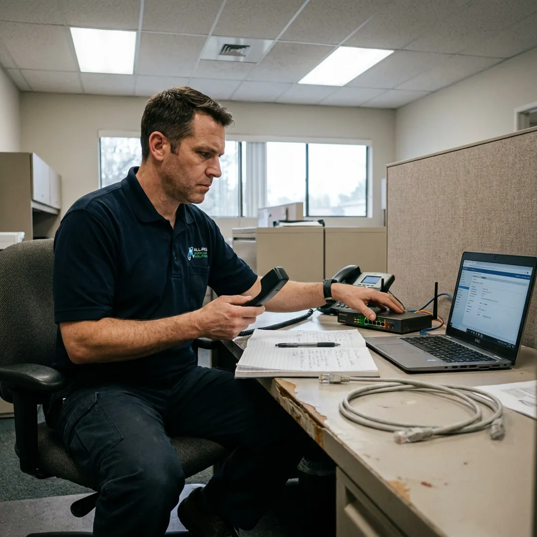 Technician testing VoIP phone system connections