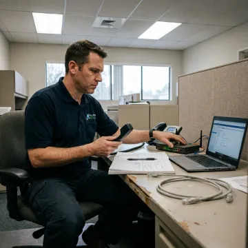 Technician testing VoIP phone system connections