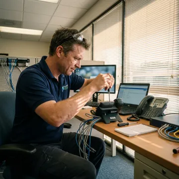 Technician repairing an ESI business phone system