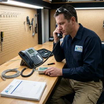 Technician repairing a Vodavi business phone system