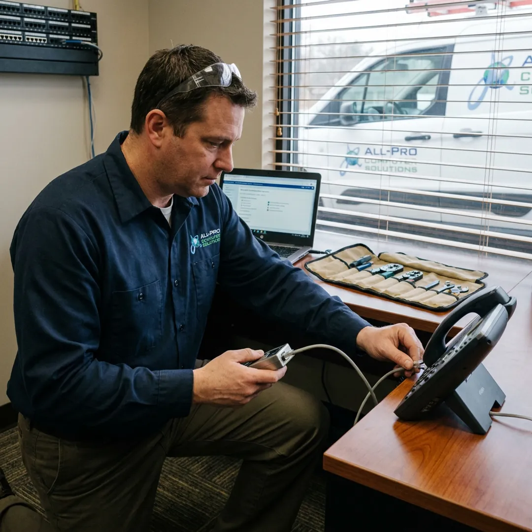 Technician testing business phone system connections