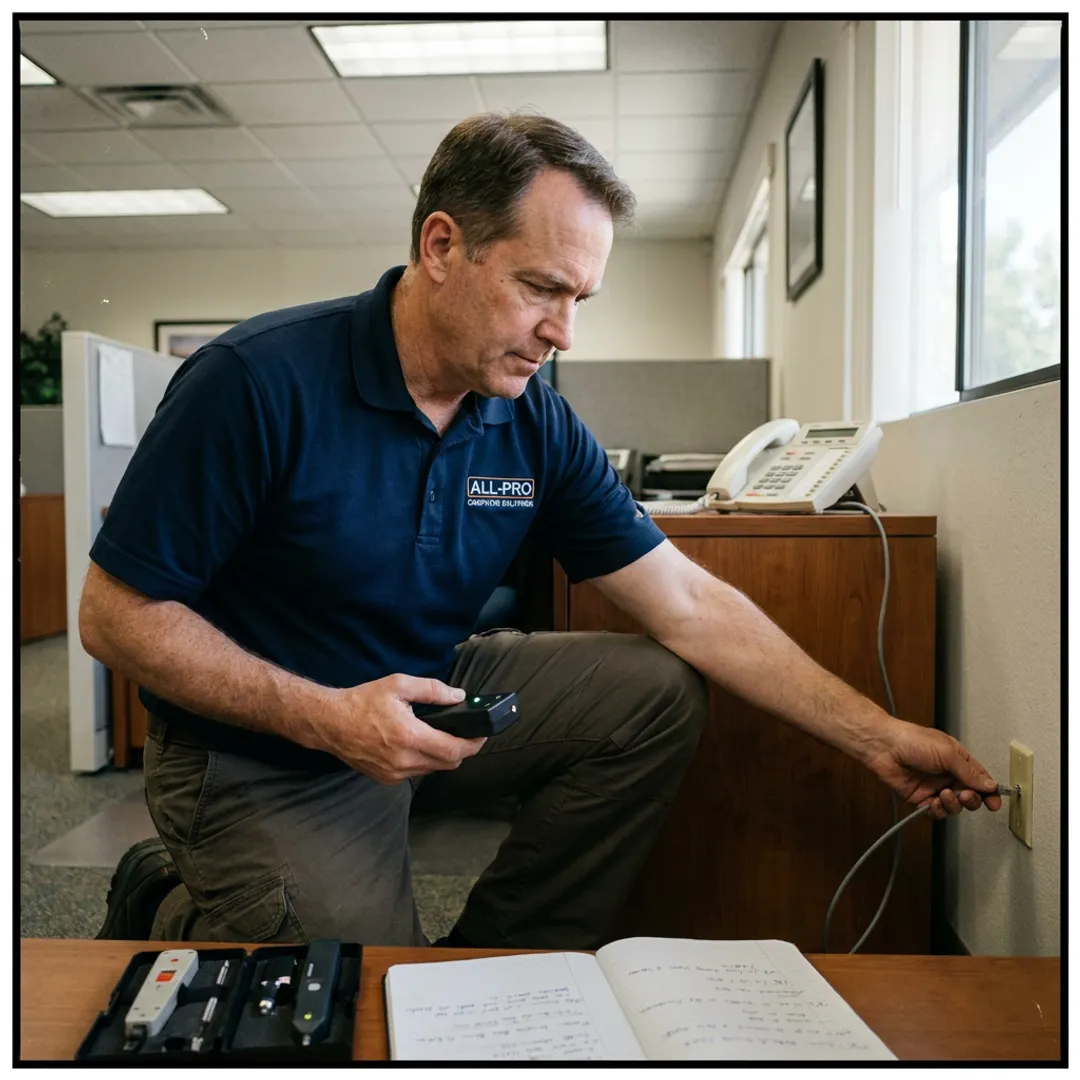 Technician checking office phone system connections