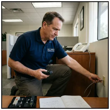 Technician checking office phone system connections