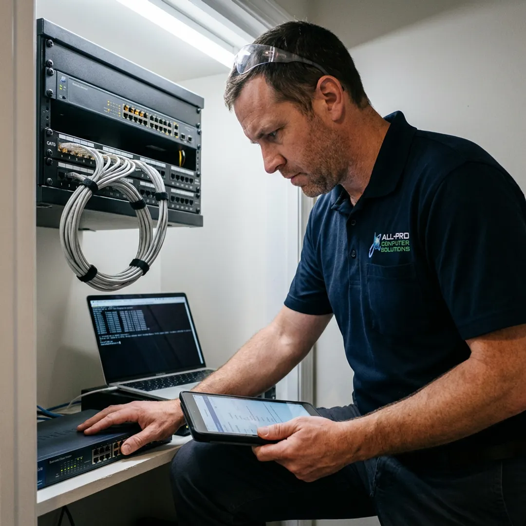 Technician checking office network equipment on site