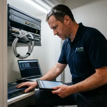 Technician checking office network equipment on site