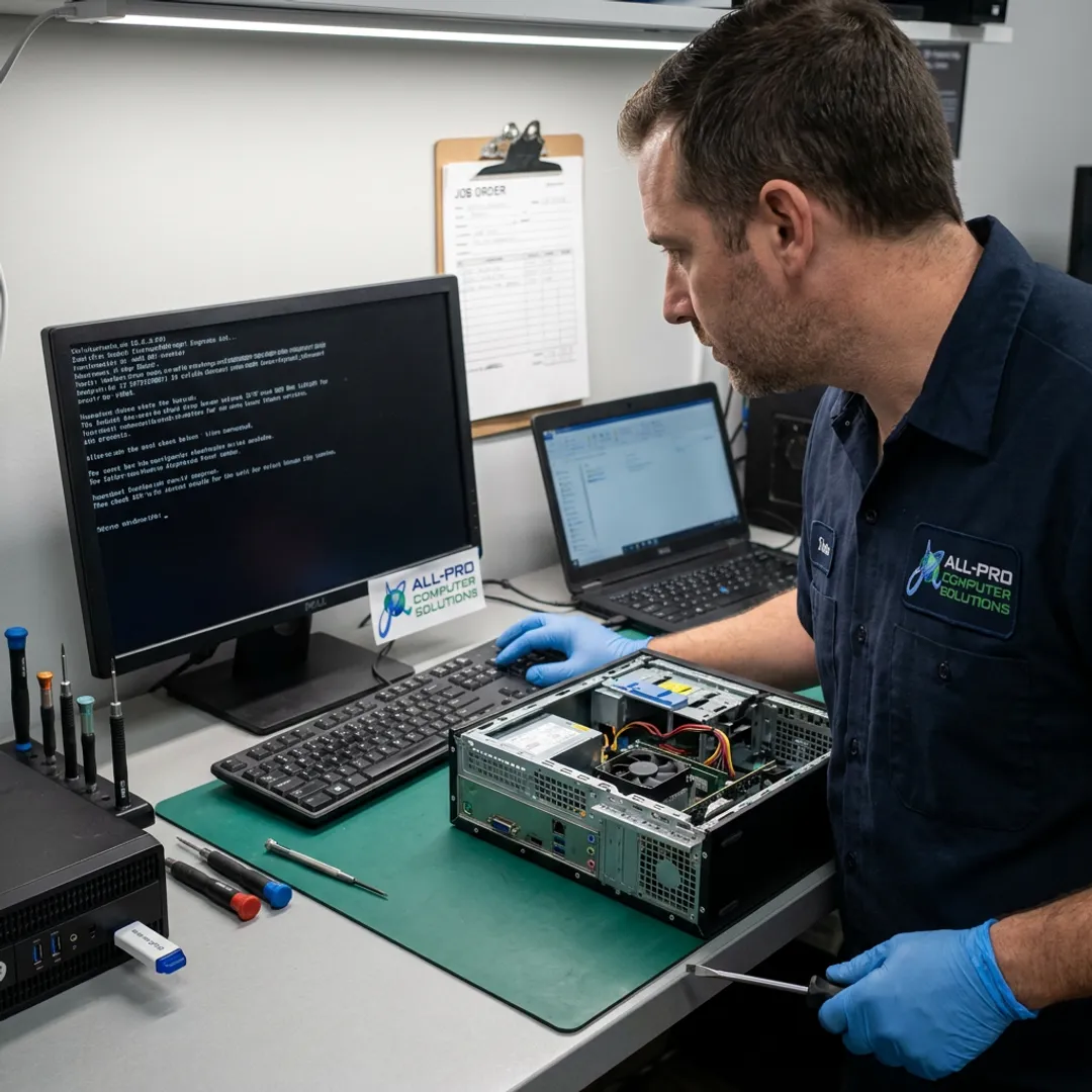 Technician diagnosing a desktop computer problem