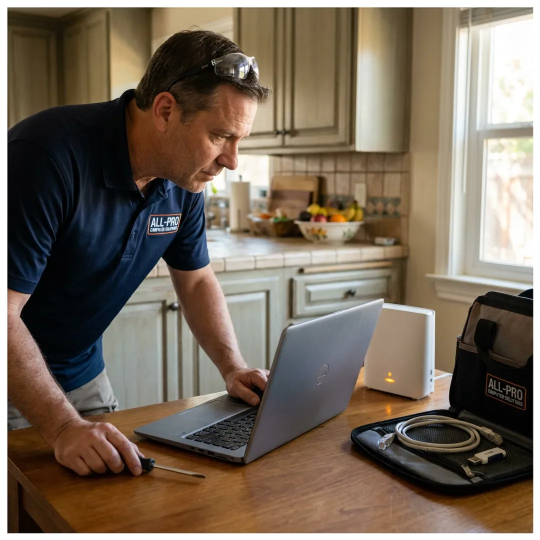 Technician diagnosing a home computer problem