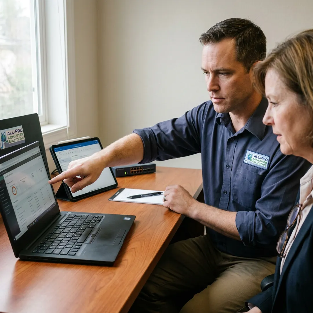 Technician reviewing cybersecurity strategy with a client