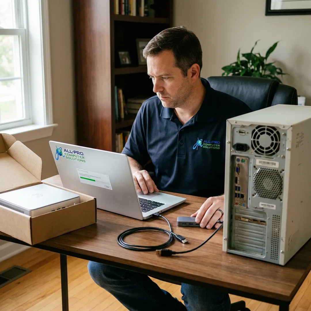 Technician transferring files to a new PC