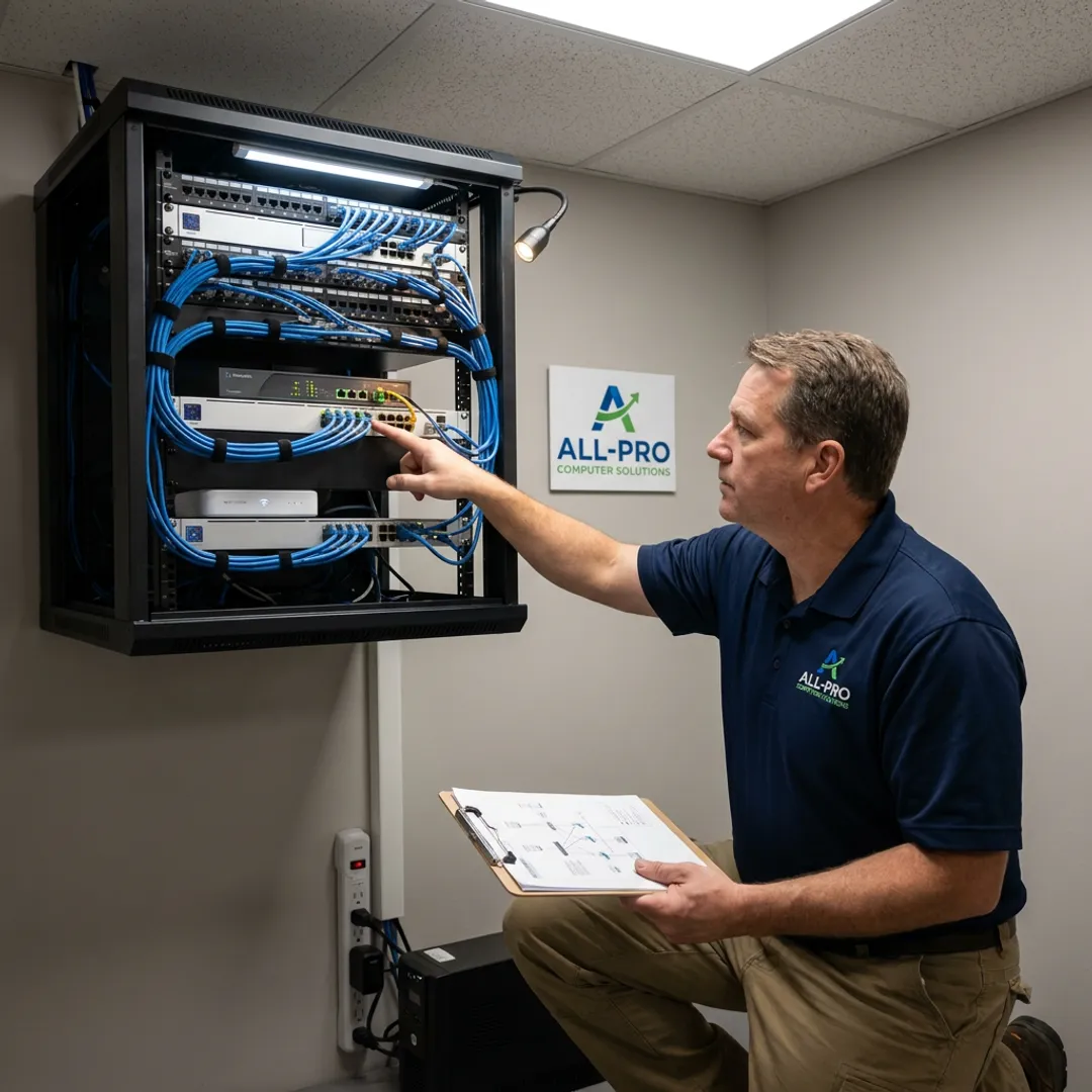 IT technician reviewing a network installation