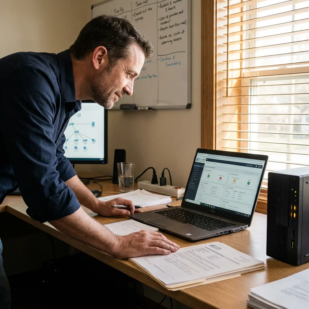 Cybersecurity compliance consultant reviewing business security systems