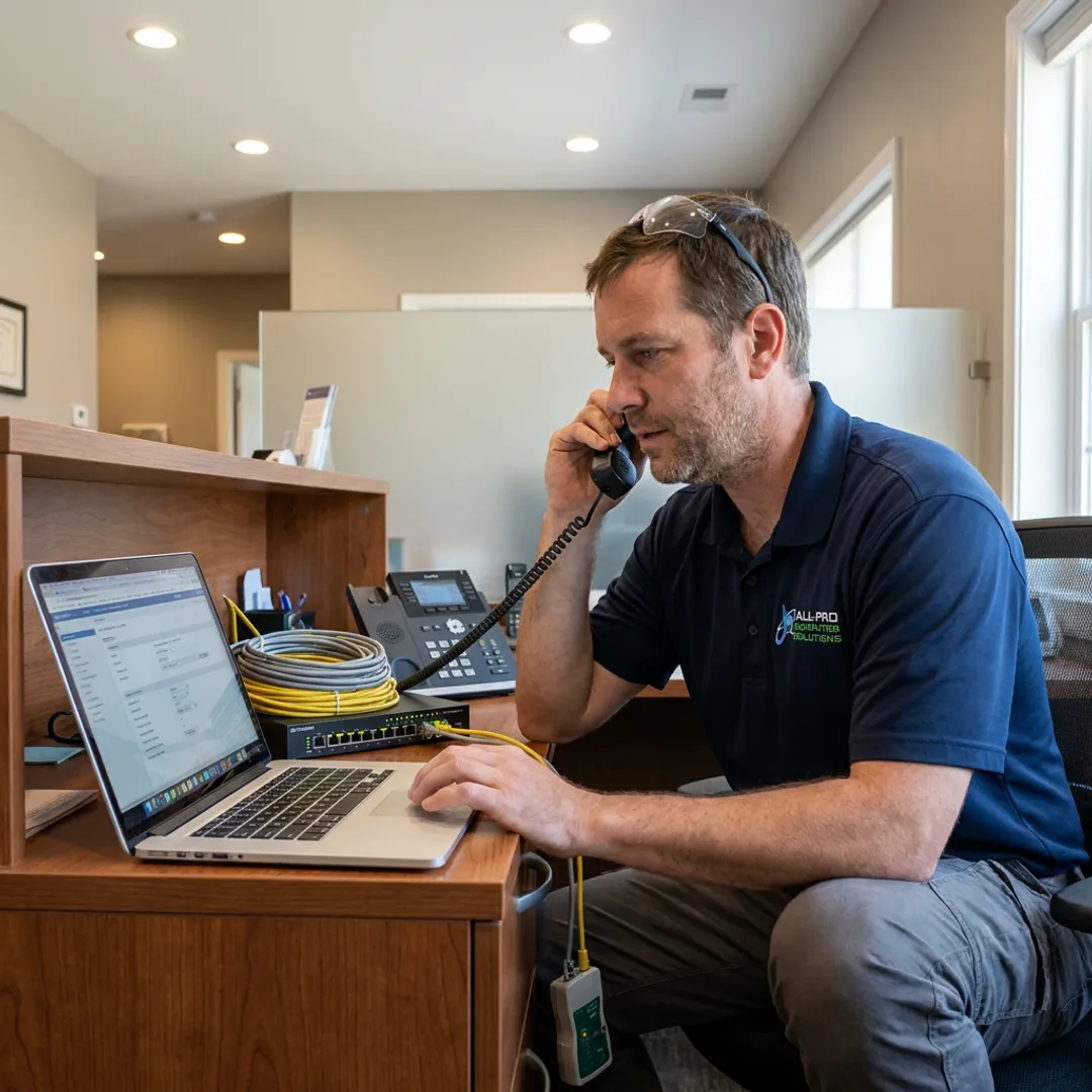 Technician testing VoIP phones in an office