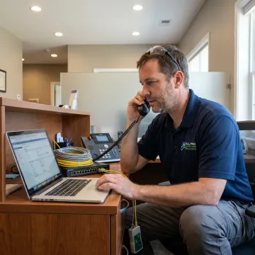 Technician testing VoIP phones in an office
