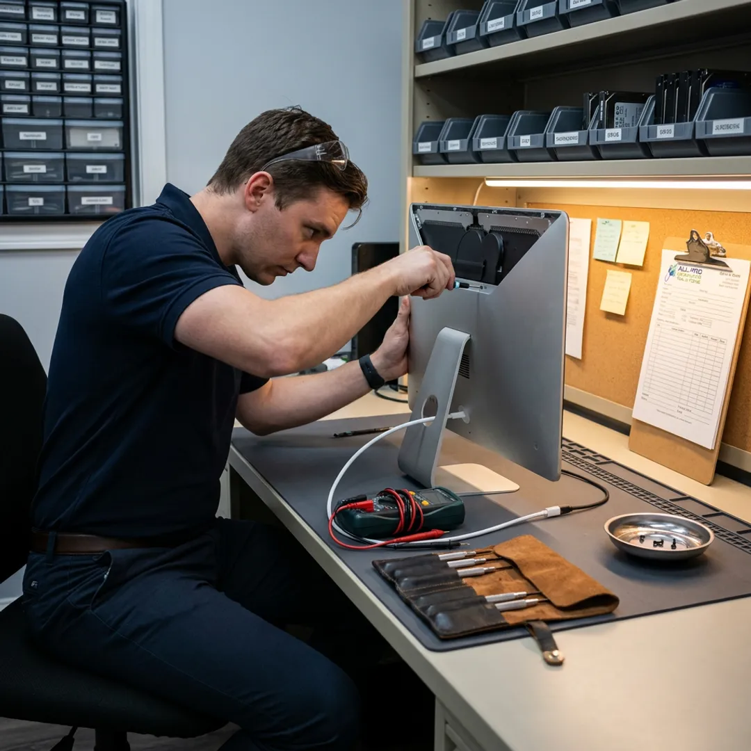 Technician repairing an Apple iMac computer