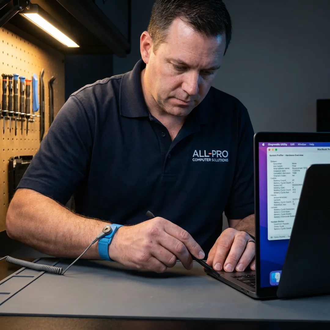 Technician repairing an Apple MacBook