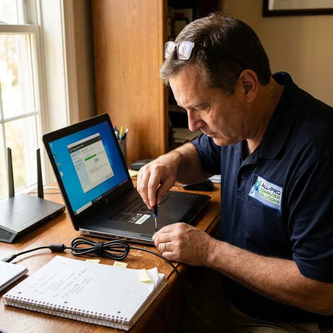 Computer technician diagnosing a laptop at home