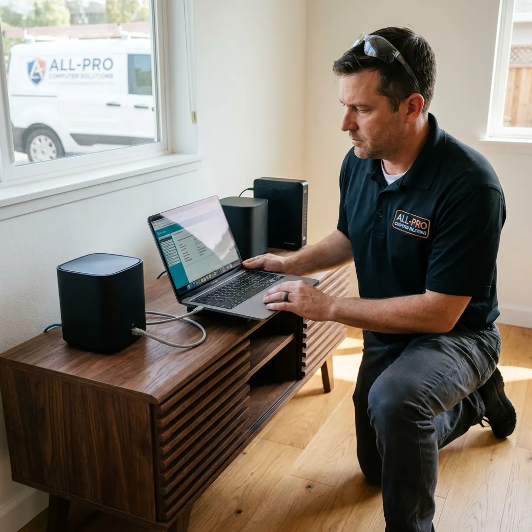 Technician installing a home Wi-Fi network