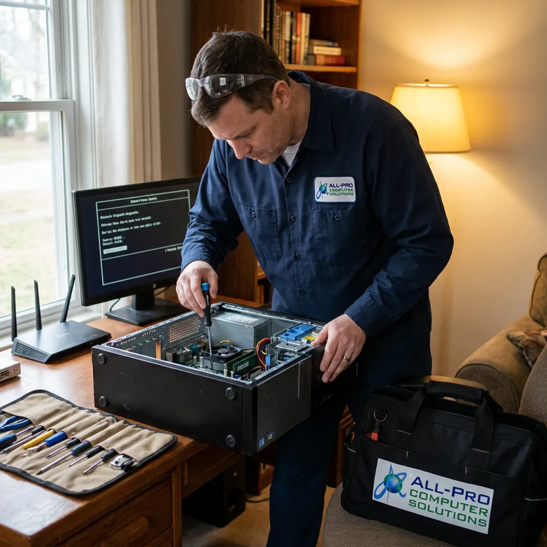 Technician repairing a desktop PC in a home office