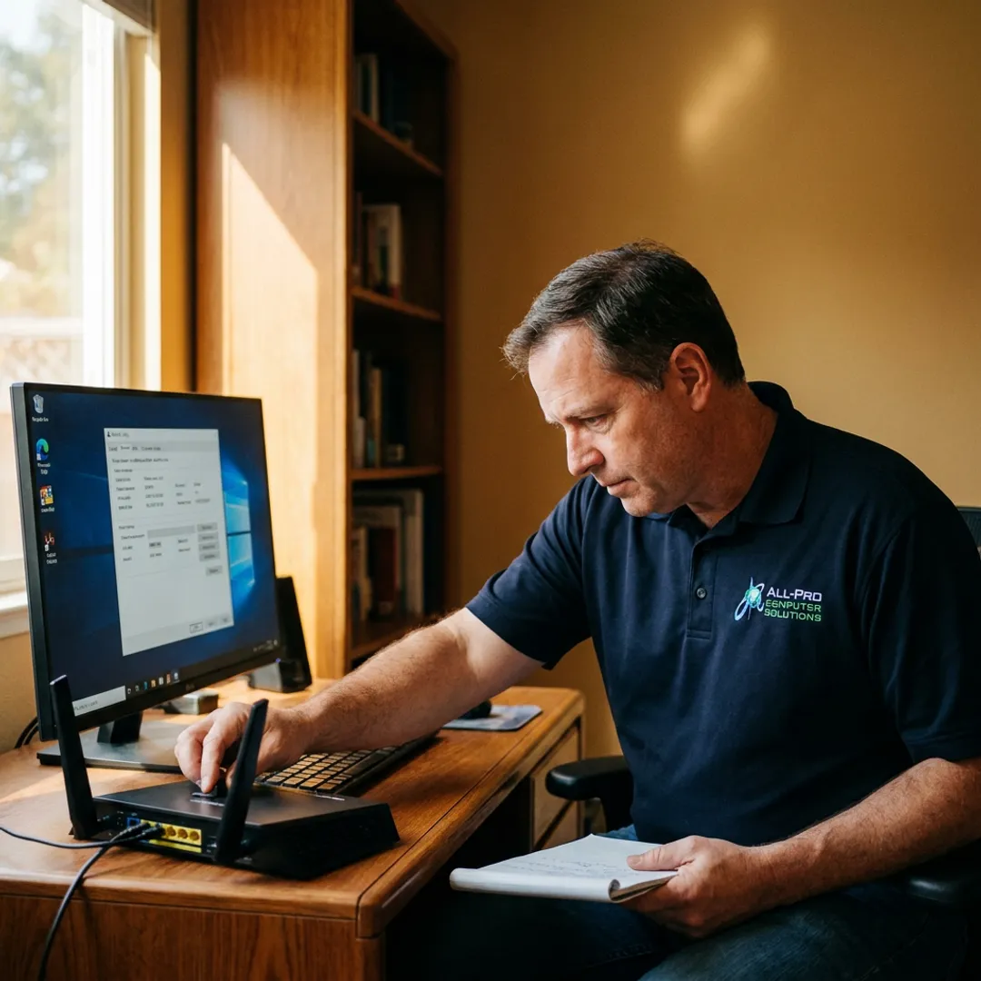 Technician setting up a home computer workstation