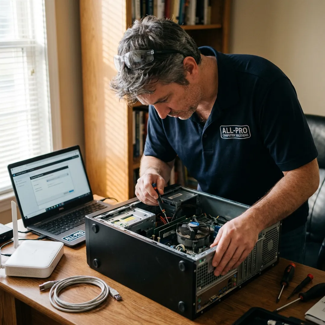 On-site computer repair technician working on a home desktop