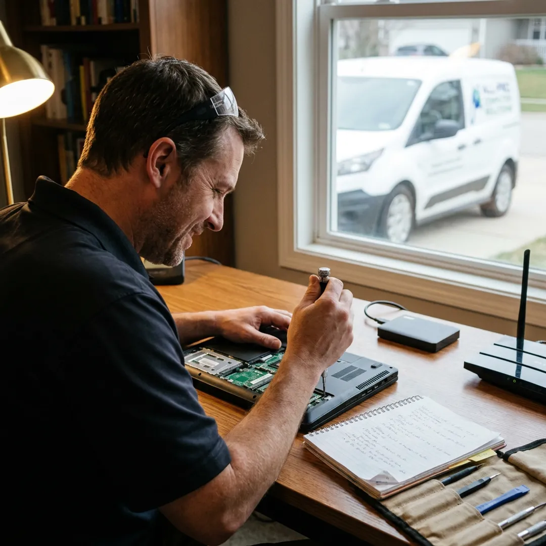 Technician diagnosing a laptop during an on-site repair visit