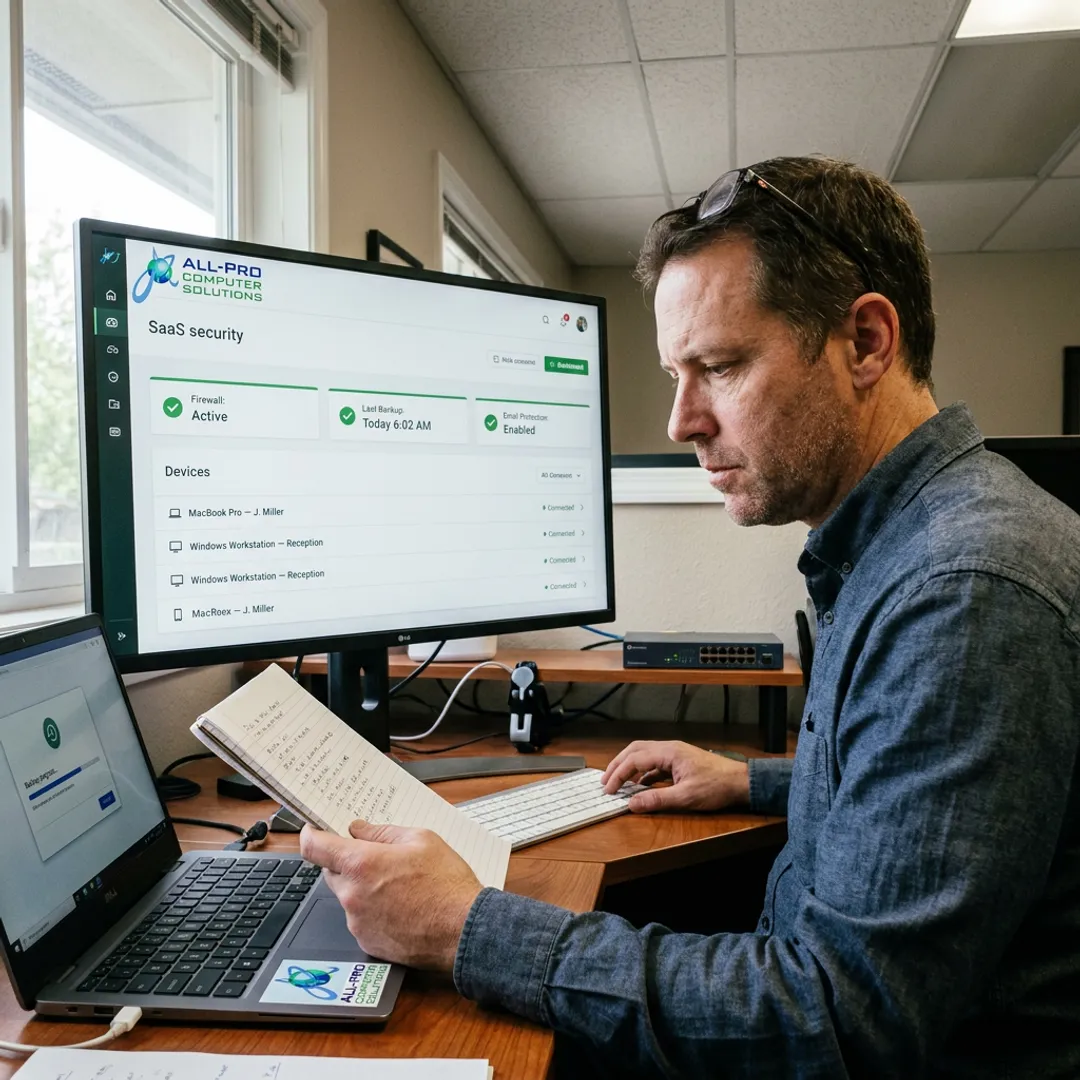 Technician reviewing secure business network