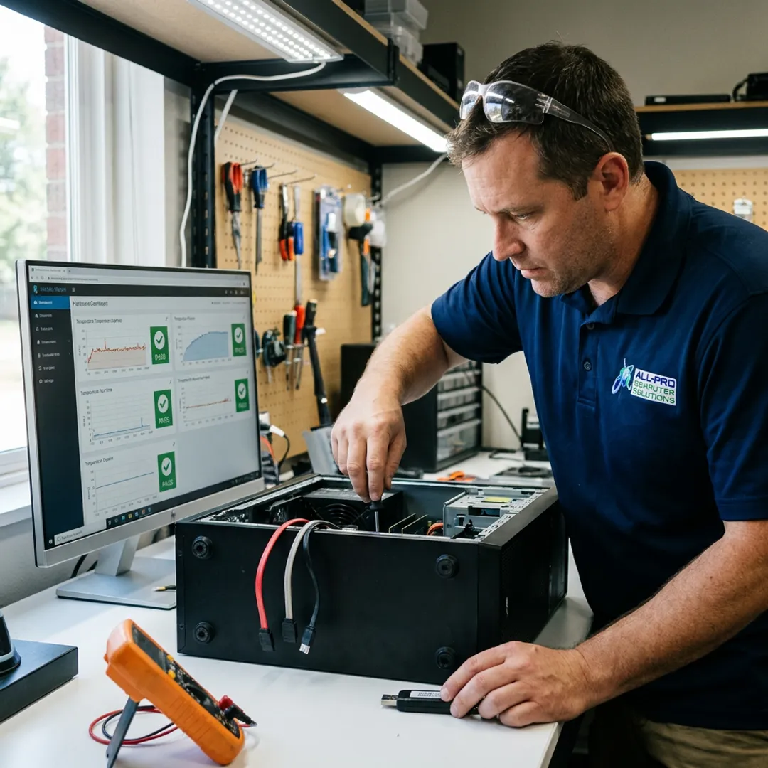 Technician diagnosing business computer hardware issue