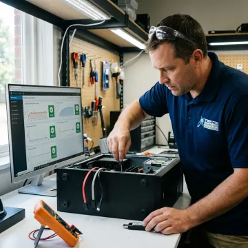 Technician diagnosing business computer hardware issue