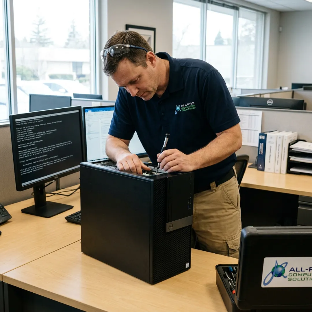 Business computer repair technician working on office desktop