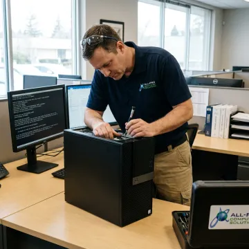Business computer repair technician working on office desktop