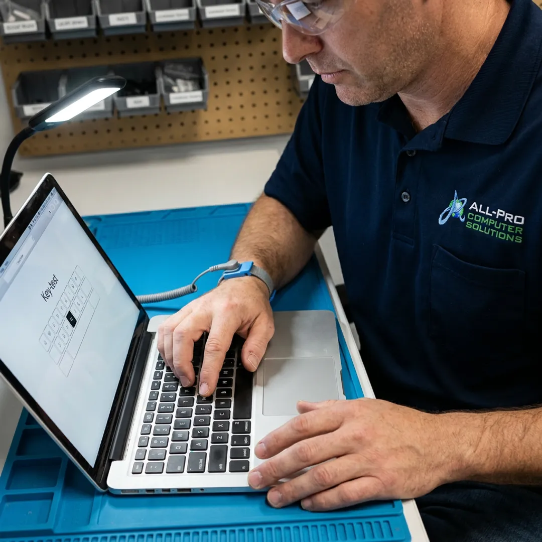 Technician testing MacBook Pro keyboard after repair