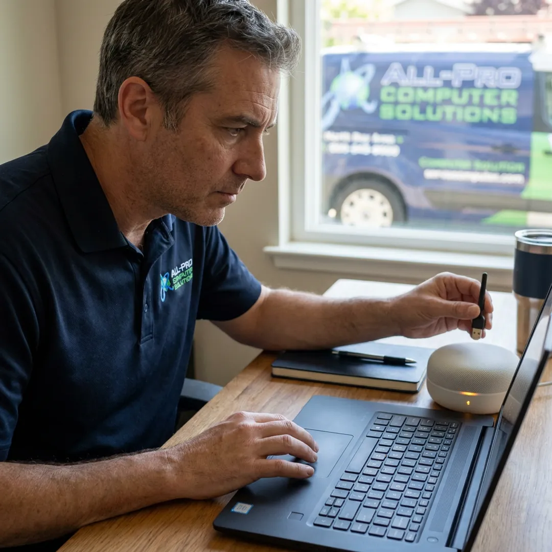 Technician testing home Wi-Fi coverage