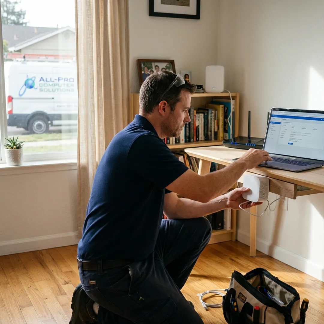 Home networking technician installing Wi-Fi equipment