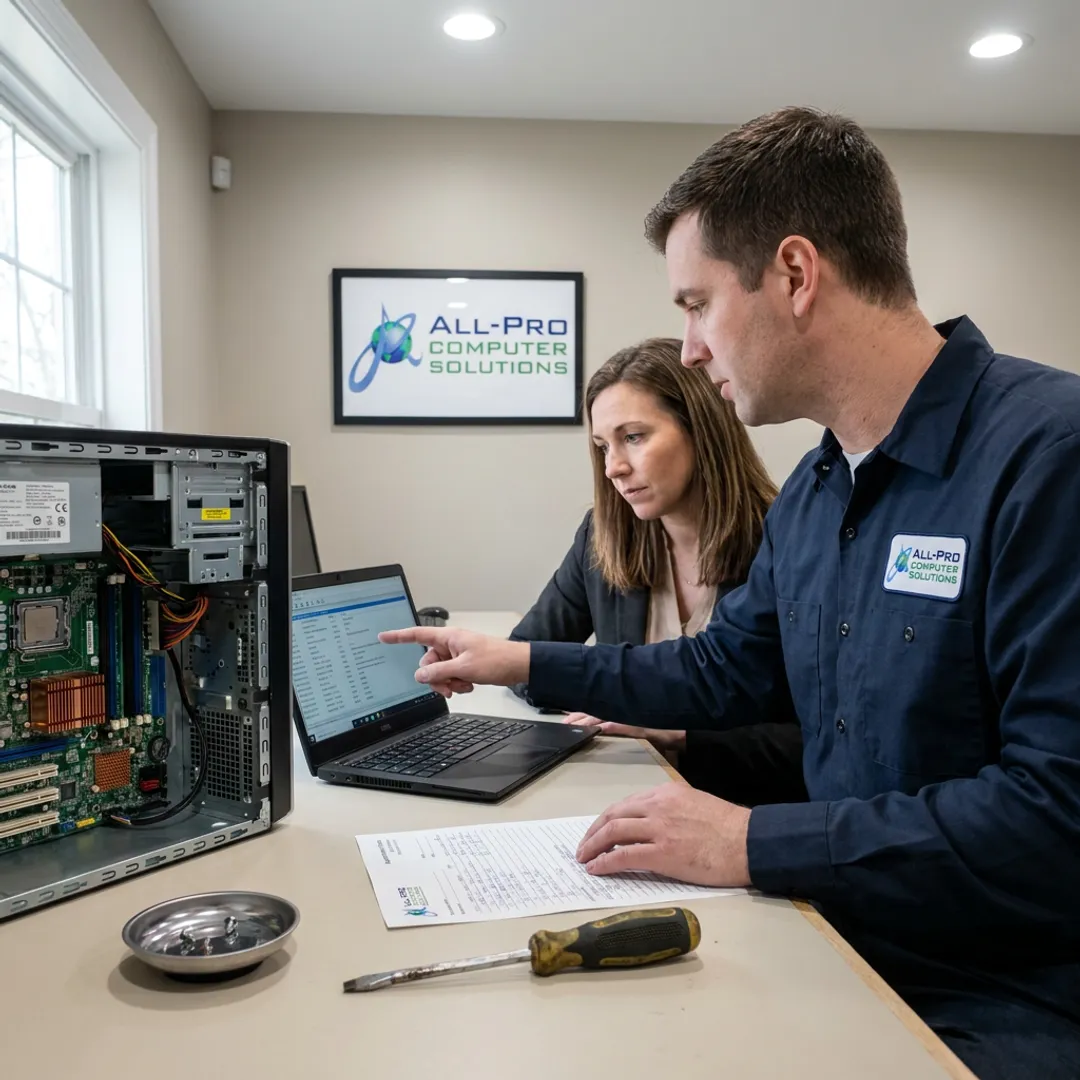 Computer technician explaining repair diagnostics to a customer
