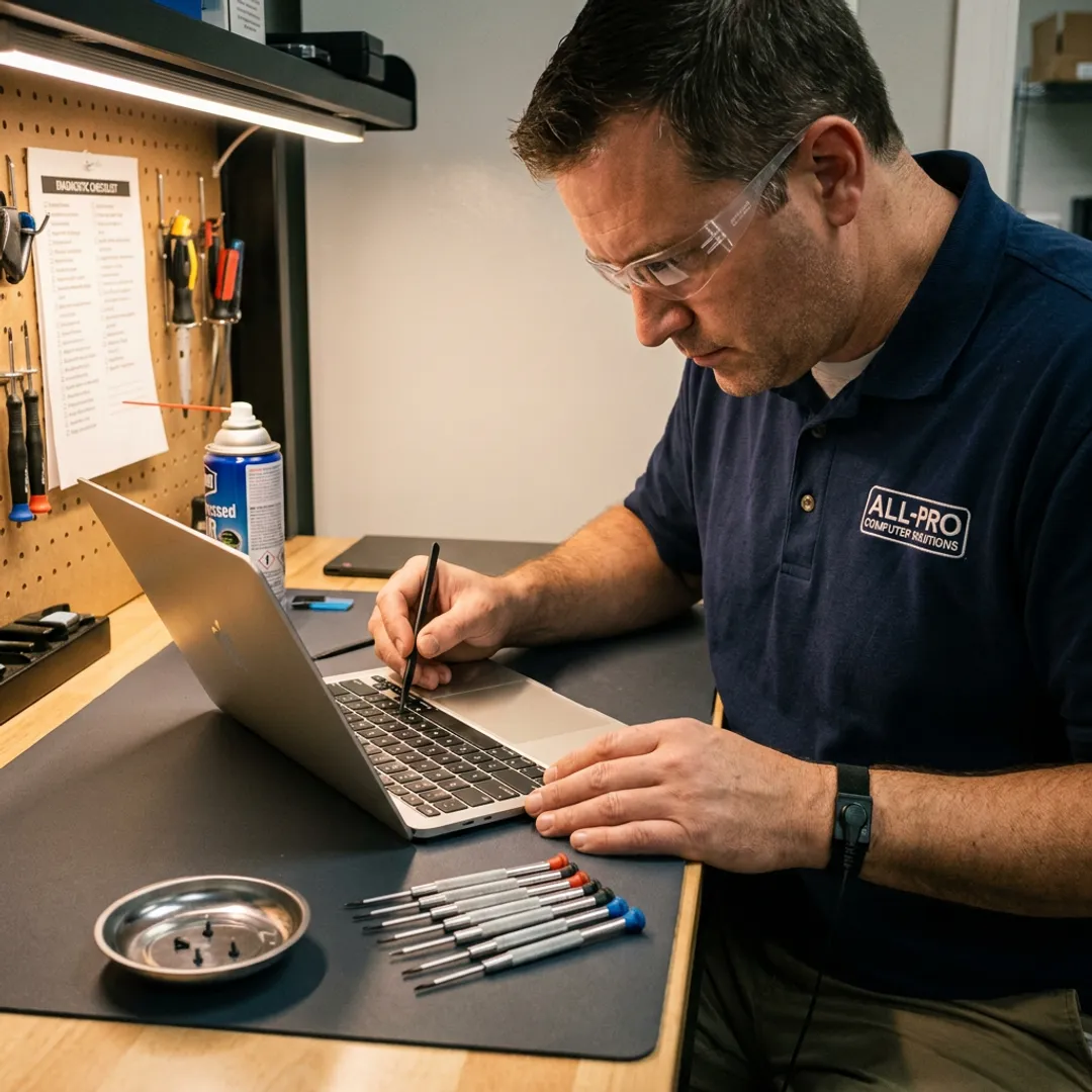 Technician diagnosing MacBook Air keyboard