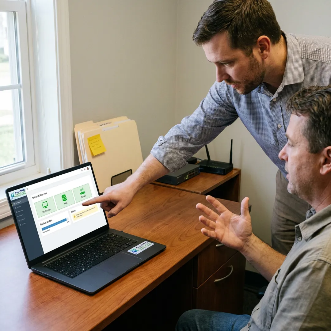 Technician reviewing IT systems with a small business owner