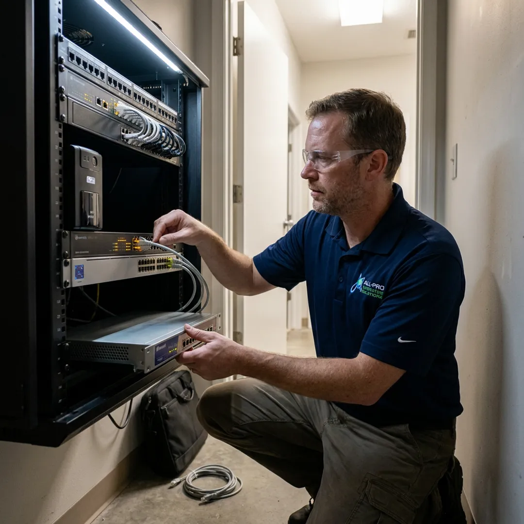 Technician configuring secure office network