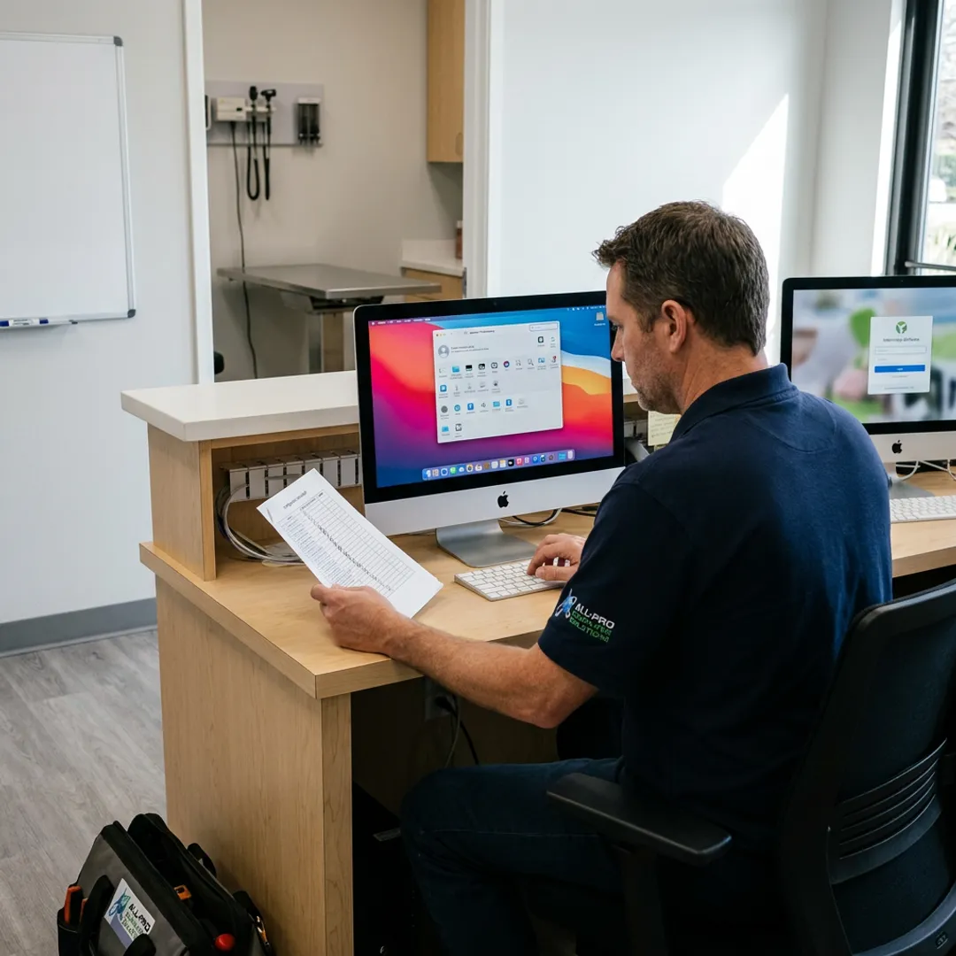 Technician configuring Mac systems in a veterinary office