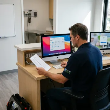 Technician configuring Mac systems in a veterinary office