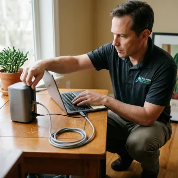 Technician setting up a home WiFi router
