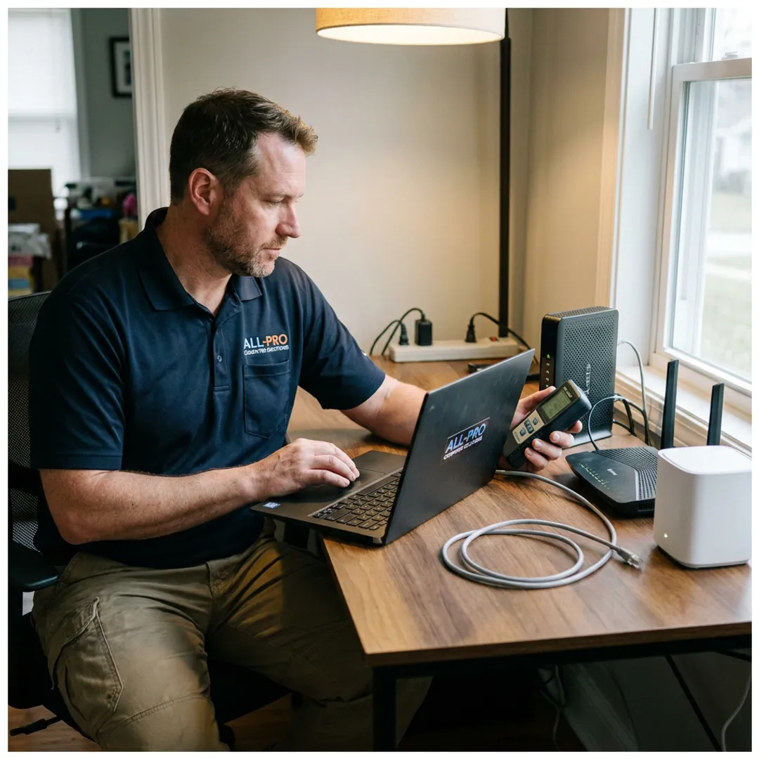 Technician testing home WiFi signal