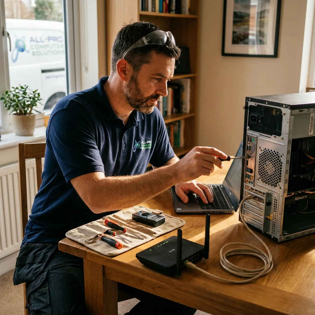 Technician diagnosing a home computer