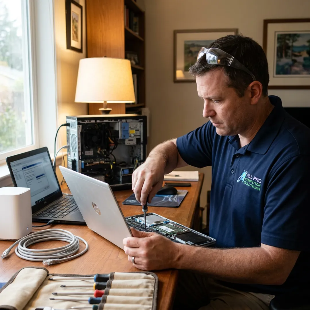 On-site computer repair technician working at a home office