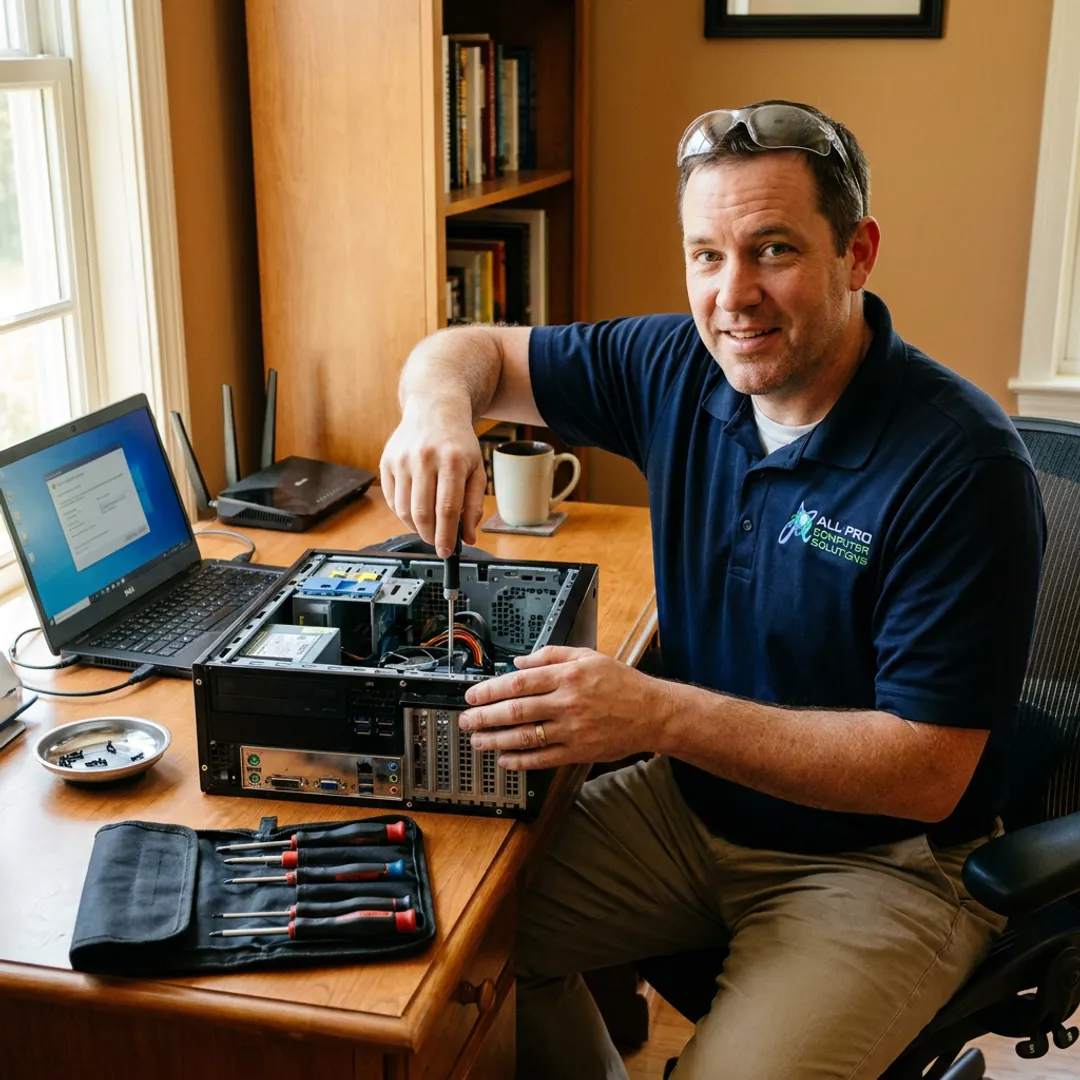 Technician providing at-home PC repair support