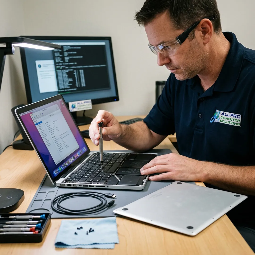 Technician repairing a MacBook computer