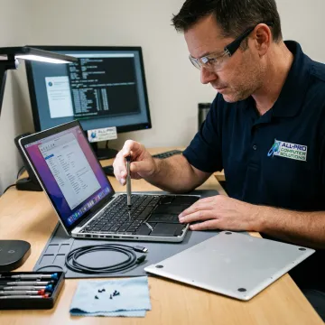 Technician repairing a MacBook computer