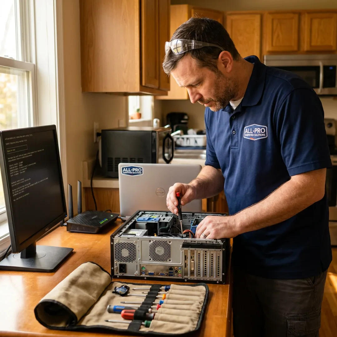 Certified technician repairing a home computer