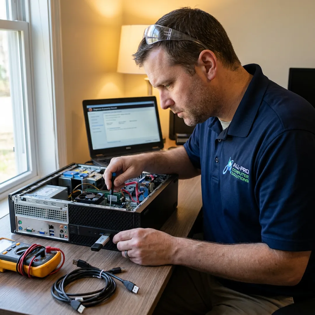 Technician diagnosing a home computer repair