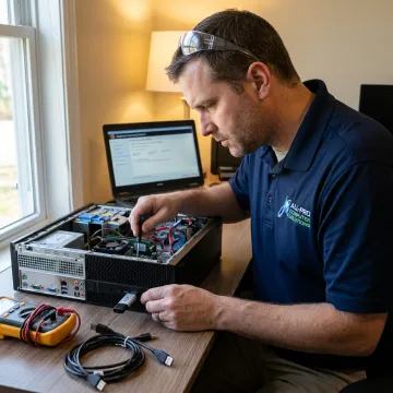 Technician diagnosing a home computer repair
